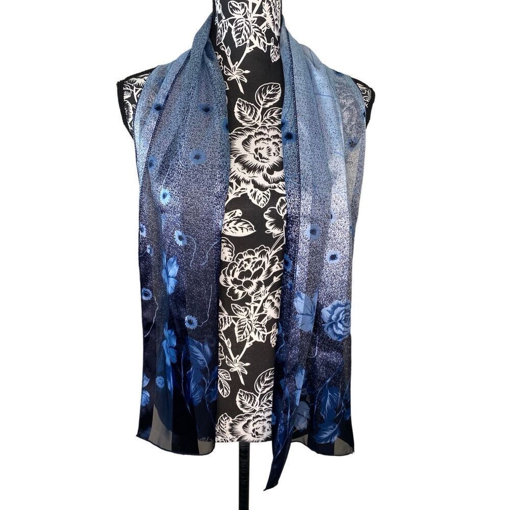 Sheer Blue Ombre Floral Scarf Wrap Lightweight Printed Shawl Soft Accessory